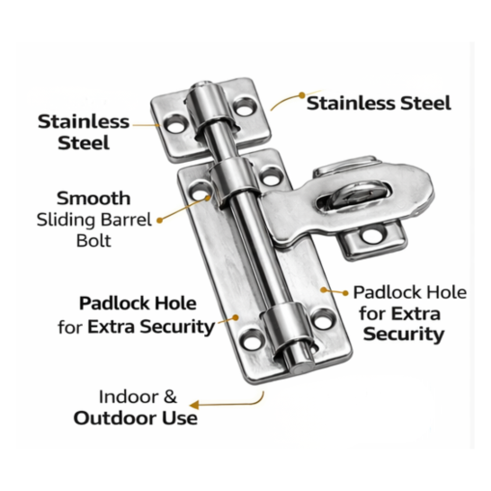 Sliding Bolt Gate Latch Stainless Steel Barrel Bolt with Padlock Hole Door Latch