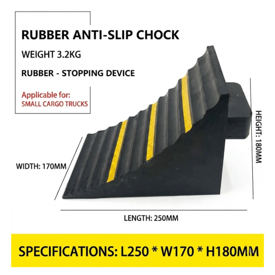 Rubber Wheel Choke 250mm x 170mm x 180mm | Black with Yellow Reflective | Wheel Chock