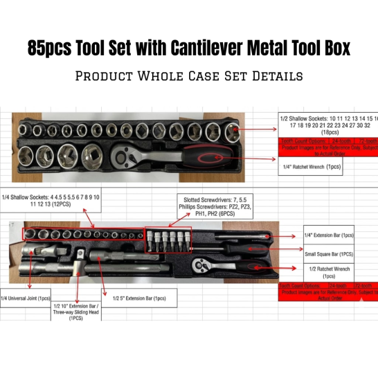 85pcs Tool Set with Cantilever Metal Tool Box | Socket Ratchet Wrench Combination Complete Household Repair Basic Storage Box