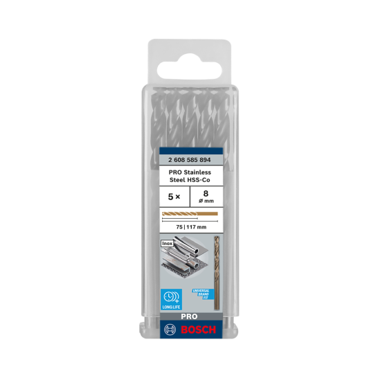 BOSCH PRO Stainless Steel HSS-Co Twist Drill Bit, 8 x 75 x 117 mm, 5 pcs