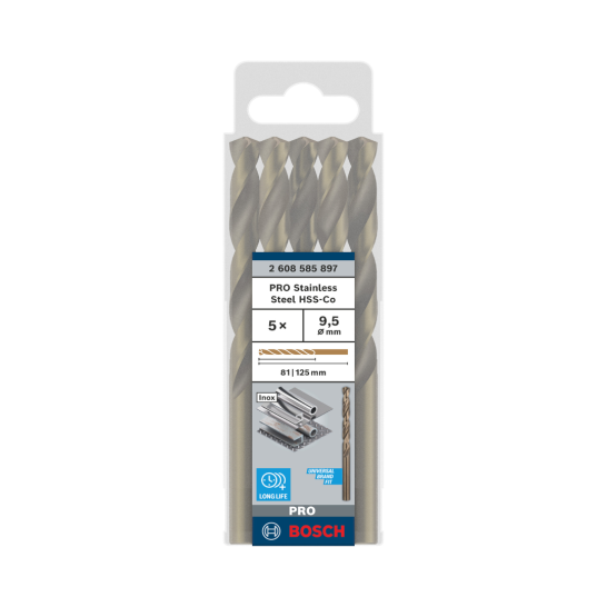 BOSCH PRO Stainless Steel HSS-Co Twist Drill Bit, 9.5 x 81 x 125 mm, 5 pcs