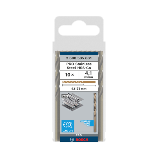 PRO Stainless Steel HSS-Co Twist Drill Bit, 4.1 x 43 x 75 mm, 10 pcs