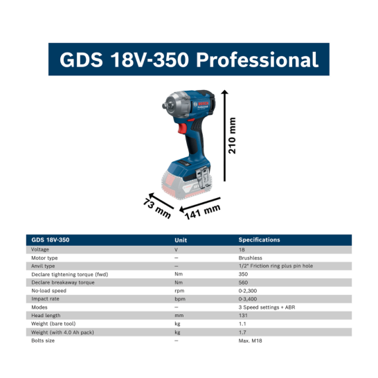 BOSCH GDS18V-350 PRO Cordless Impact Wrench | Brushless Motor | Small Head High Torque