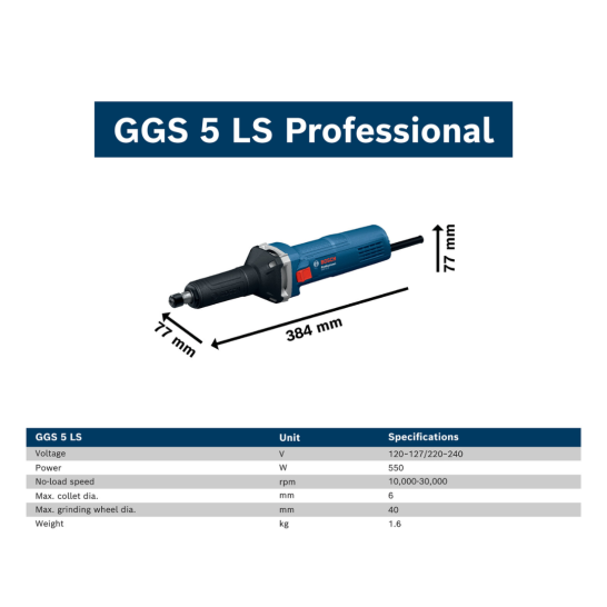 BOSCH GGS 5LS PRO Straight Grinder 550W | Speed Selection | Restart Protection Safety