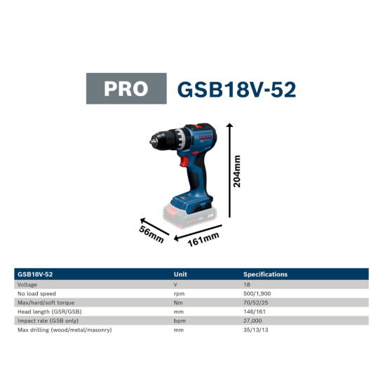 BOSCH GSB18V-52 PRO Cordless Impact Drill Driver | Brushless motor | Metal Chuck | Compact