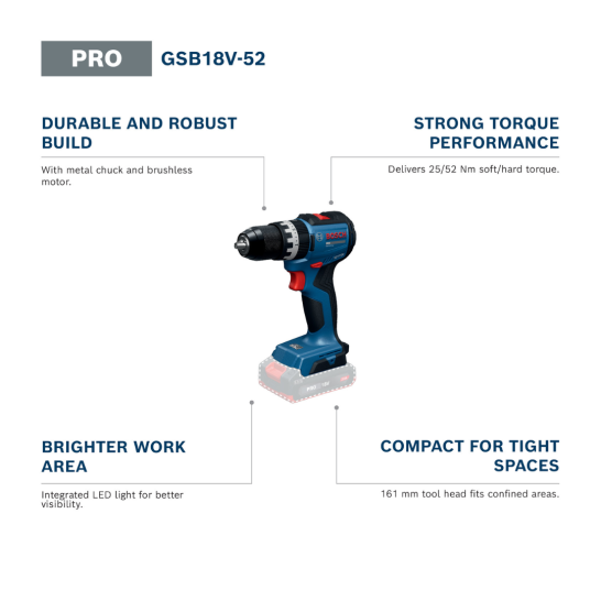 BOSCH GSB18V-52 PRO Cordless Impact Drill Driver | Brushless motor | Metal Chuck | Compact