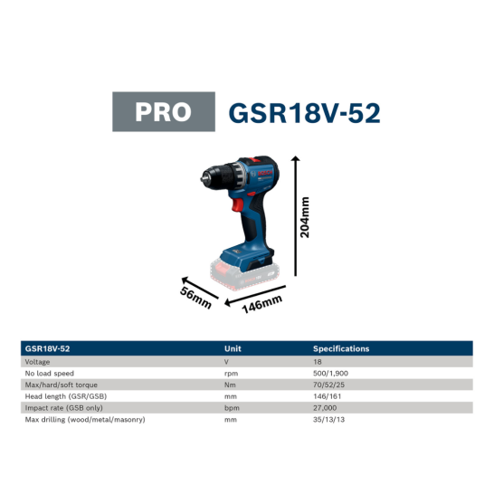 BOSCH GSR18V-52 PRO Cordless Drill Driver | Brushless motor | Metal Chuck | Compact