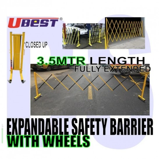 Yellow & Black Aluminium Expandable Barricade With Brakes on the Wheels. 3.5M. barrier