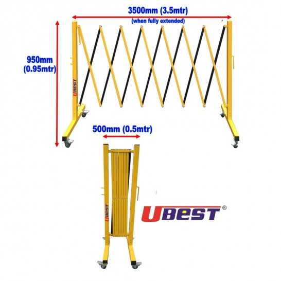 Yellow & Black Aluminium Expandable Barricade With Brakes on the Wheels. 3.5M. barrier