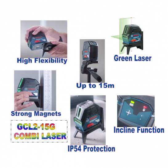 BOSCH GCL 2-15G Self-Leveller Cross Line Green Laser 10-15M