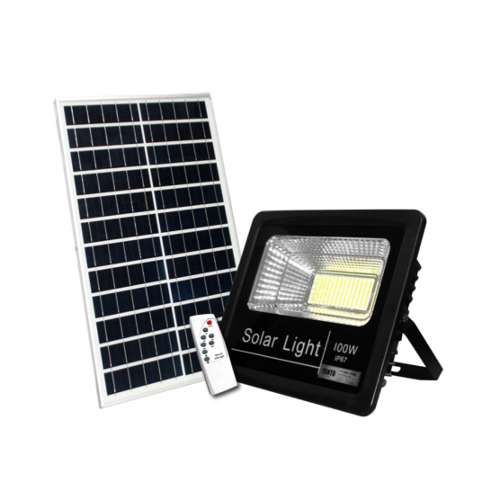 TENTO 100W Solar LED Flood Light IP67 C/W Solar Panel & Remote Control.