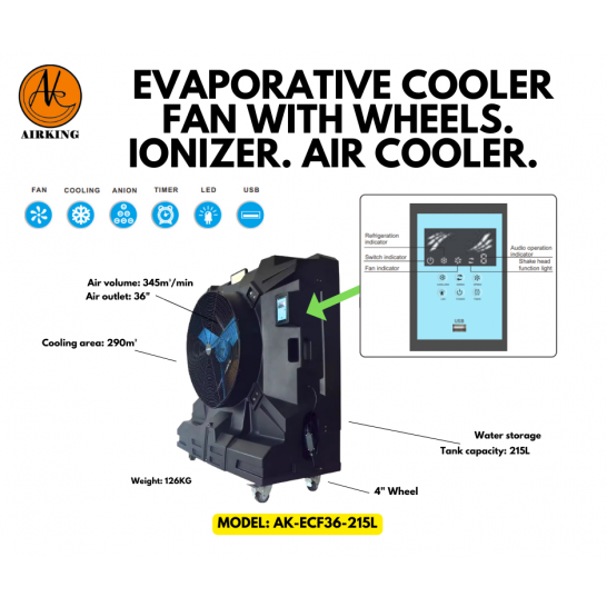 AIRKING Evaporative Cooler Fan with wheels. Ionizer. Air Cooler.