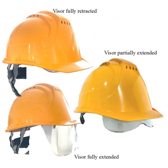Safety Helmet with built-in retractable clear visor, ratchet inner liner & ventilation holes