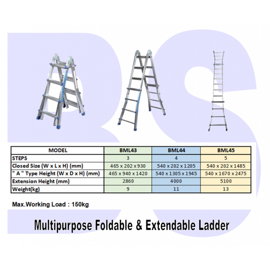 Multipurpose Foldable & Extendable Ladder. 150kg Max Load. 4 sections.