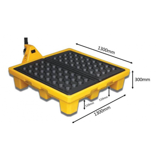 4 Drum Spill Pallet fitted with Drain Plug. 4 Way Entry Forklift.
