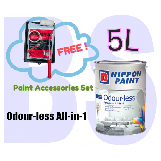 Nippon Paint Odourless All-in-1 Interior Wall Paint 5L. Free Paint Accessories Set.