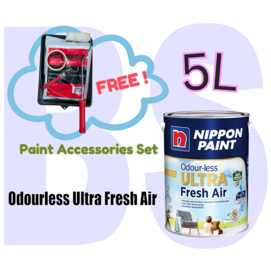 Nippon Paint Odourless Ultra Fresh Air Interior Wall Paint 5L. Free Paint Accessories Set.