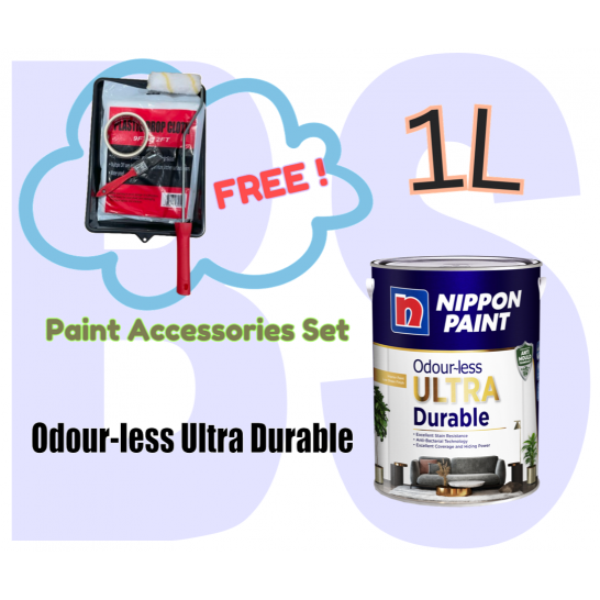Nippon Paint Odourless Ultra Durable Interior Wall Paint 1L. Free Paint Accessories Set.