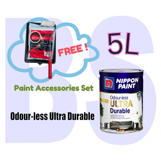 Nippon Paint Odourless Ultra Durable Interior Wall Paint 5L. Free Paint Accessories Set.