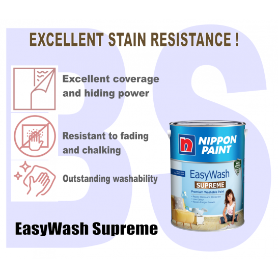Nippon Easy Wash Supreme Interior Wall Paint 5L. Low Sheen. Free Paint Accessories Set.