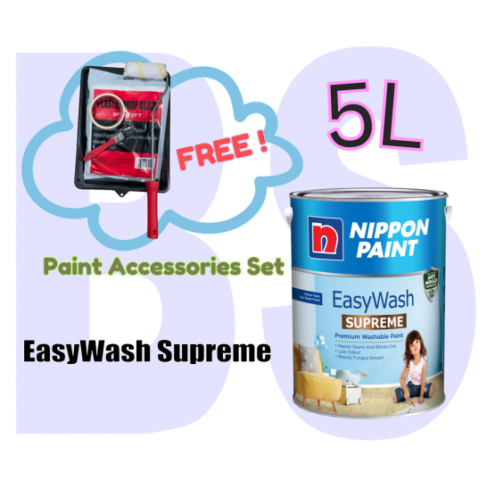 Nippon Easy Wash Supreme Interior Wall Paint 5L. Low Sheen. Free Paint Accessories Set.