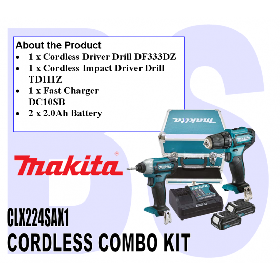 MAKITA CLX224SAX1 Cordless Combo Kit. Includes 1unit Cordless Driver Drill DF333DZ, 1unit Cordless Impact Driver Drill TD111Z
