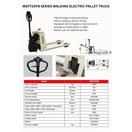 KAWASAKI Electric Pallet Truck. 2ton Capacity