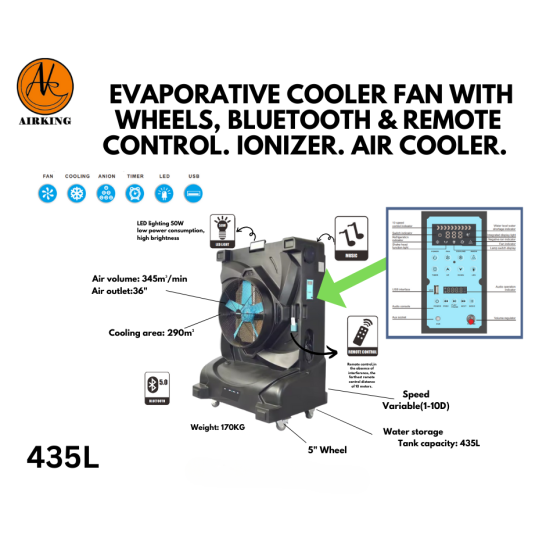 AIRKING Evaporative Cooler Fan with wheels, Bluetooth & Remote Control. Ionizer. Air Cooler. 435L