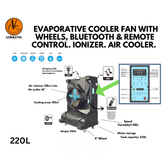 AIRKING Evaporative Cooler Fan with wheels, Bluetooth & Remote Control. Ionizer. Air Cooler. 220L