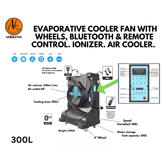 AIRKING Evaporative Cooler Fan with wheels, Bluetooth & Remote Control. Ionizer. Air Cooler. 300L