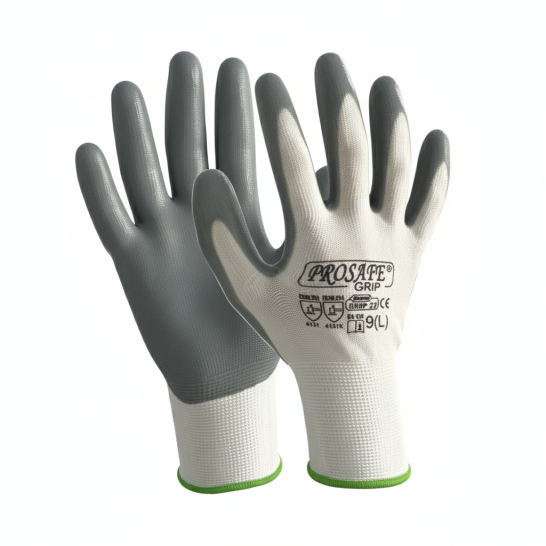 PROSAFE GRIP-27 Grey Nitrile Coated Glove-1pair. White/Grey Rubber Work Glove.