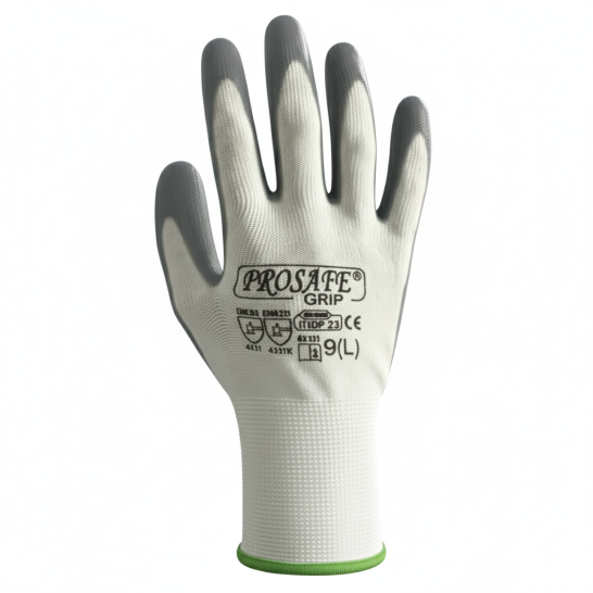 PROSAFE GRIP-27 Grey Nitrile Coated Glove-1pair. White/Grey Rubber Work Glove.