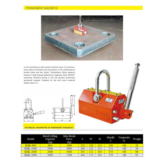 KAWASAKI Magnetic Lifter 1000kg (1ton). Permanent Lifting Magnet