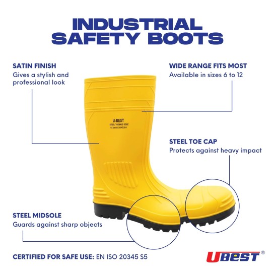 "U-BEST" PVC Industrial Safety Boots (Satin Finishing) With Steel Toe Cap & Mid Sole. Matte