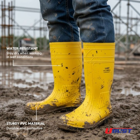 "U-BEST" PVC Industrial Safety Boots (Satin Finishing) With Steel Toe Cap & Mid Sole. Matte