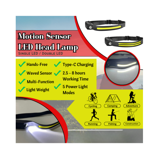 LED Rechargeable Head Lamp (Single) with Motion Sensor
