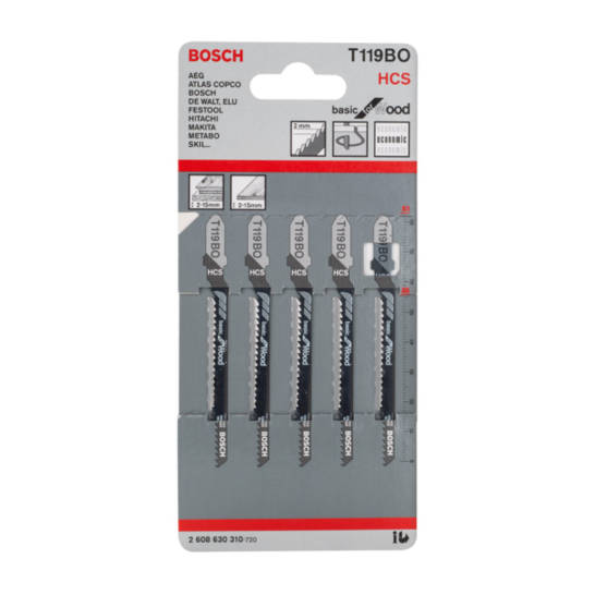 BOSCH T119BO Basic for Wood Jigsaw Blade | HCS | Wavy Set Milled | 5pcs/pack
